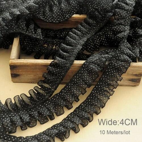 4CM Black Chiffon Dots Ruffle Trim Ribbon Collar Lace Applique 3d Pleated Trim for Dress Clothes Sewing Decor