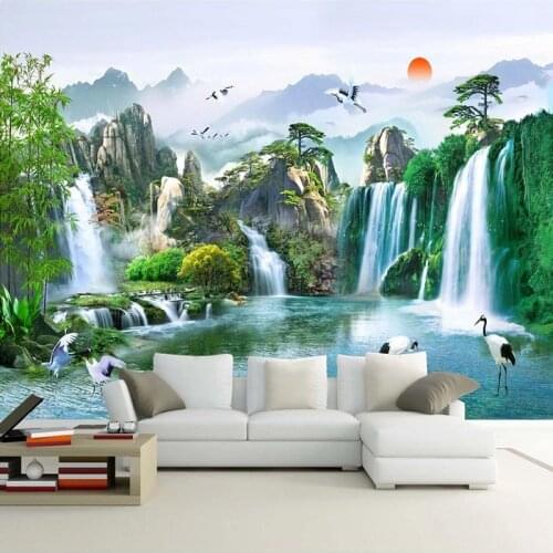 Custom 3D Poster Photo Wallpaper Green Mountain Water Waterfall Nature Landscape Mural Wall Painting Living Room Bedroom Decor