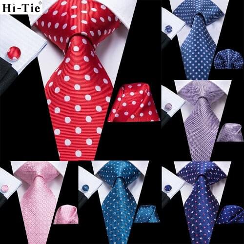 Hi-Tie Mens Gift Red Blue Green Dot Silk Wedding Tie For Men Hanky Cufflink Tie Set Business Party Dropshipping Fashion Designer