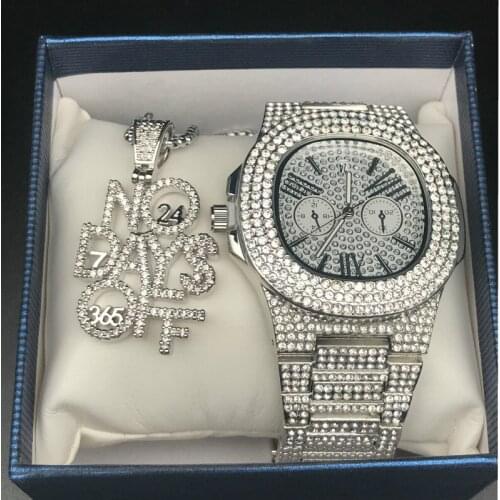 Luxury Men Watch Men Jewelry Stylish Watch &Necklace Combo Set No Day Off Pendant Ice Out Cuban Pendant Necklace Hip Hop For Men