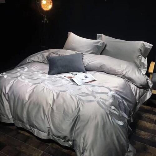 Luxury 100S Egyptian Cotton Solid Embroidery Royal Bedding Set King Queen Wedding Bed Sheet Cover set Duvet Cover 4pcs silver