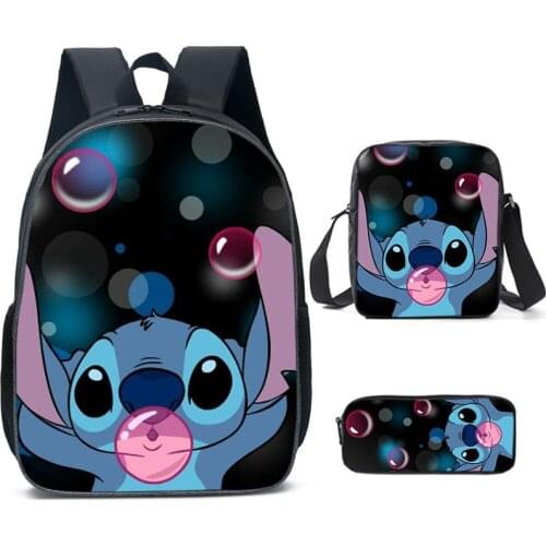 Boys Girls 3pcs/Set Backpack Disney Stitch Schoolbag Women Men 3D Fashion Nylon 16inch Primary Mochila Escolar