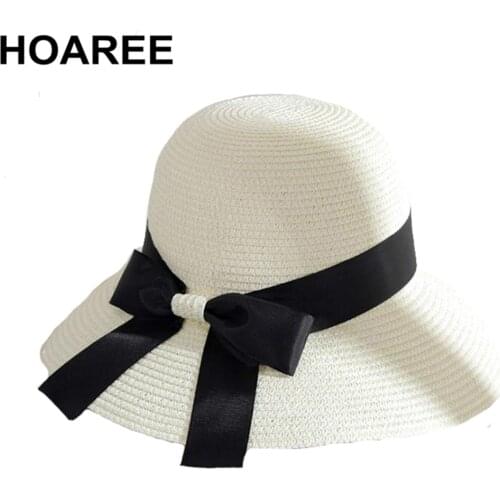 HOAREE Bowler White Women Sun Hat Casual Straw Beach Hat Elegant Bowknot Uv Protection Holiday Wide Brim Summer Bucket Cap