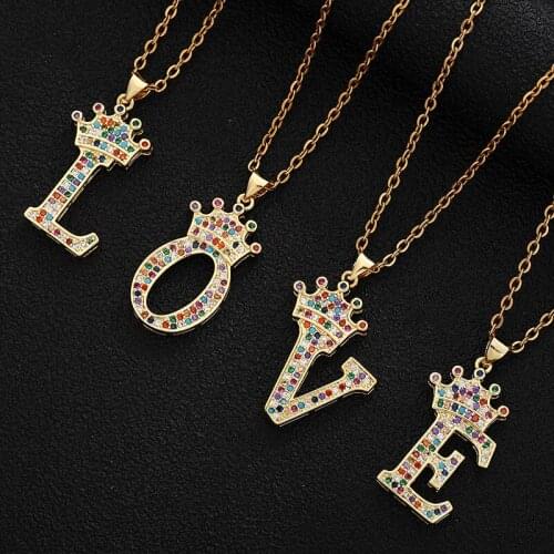 SONYA Crown Letter Crystal Zircon Alphabet Pendant Necklaces For Women Stainless Steel Chain 26 Initial Letter Necklace Jewelry