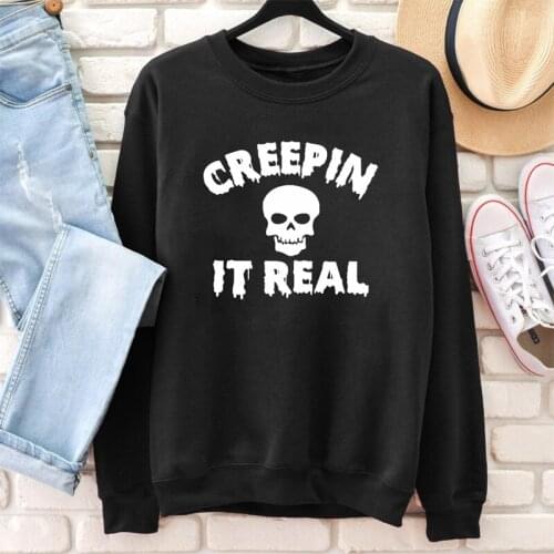 Creepin It Real Skull Print Sweatshirt Scary Halloween Holiday Party Pullover Casual Men Women Graphic Funny Long Sleeve Hoodies