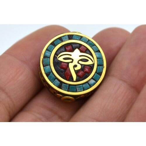 TZ-H03 Antique Nepal Handmade Six-word mantra Brass With Synthetic Coral And Turkey stone Bracelet DIY Bead For Necklace Making