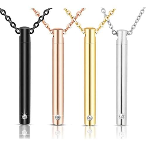 Unisex Stainless Steel Bar Cylinder Crystal Memorial Urn Pendant Slide Screw Openable Cremation Necklace for Ashes Holder
