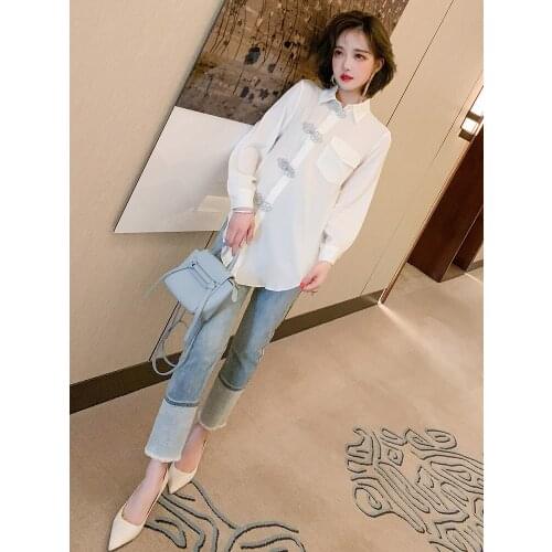 Top Quality Retro Chinese style button down shirt+Contrast leg straight jeans set spring new