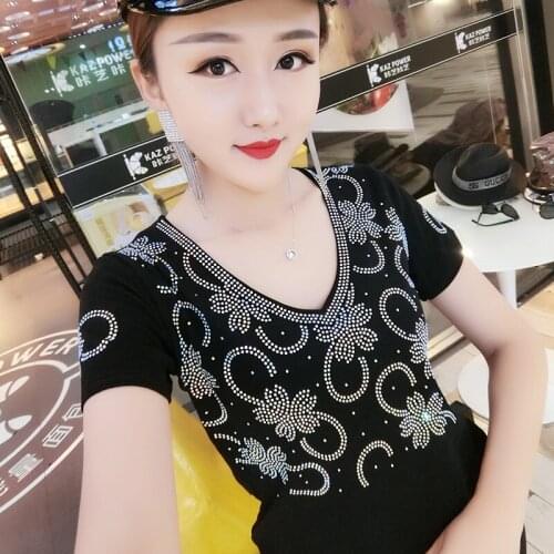 Plus size 3XL!2020 Summer short sleeve t-shirt women v-neck fashion diamond top tees