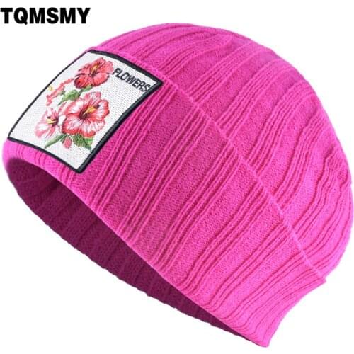 TQMSMY Womens Hat With Flower Patch Autumn Winter Knitted Skullies Beanie Double Layer Warm Hats Solid Color Gorras HD1
