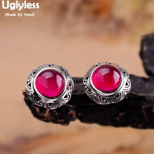 Uglyless HOT PINK Corundum Stud Earrings for Women Thai Silver Gemstone Flower Earrings Solid 925 Silver Brincos Jewelry E1571