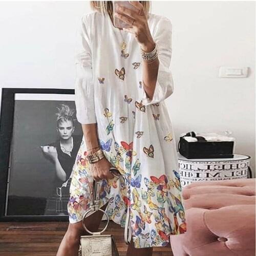 Women Summer Dress Casual Vintage Floral Printed Sundress Beach Party Half Sleeve Cotton Linen Dress