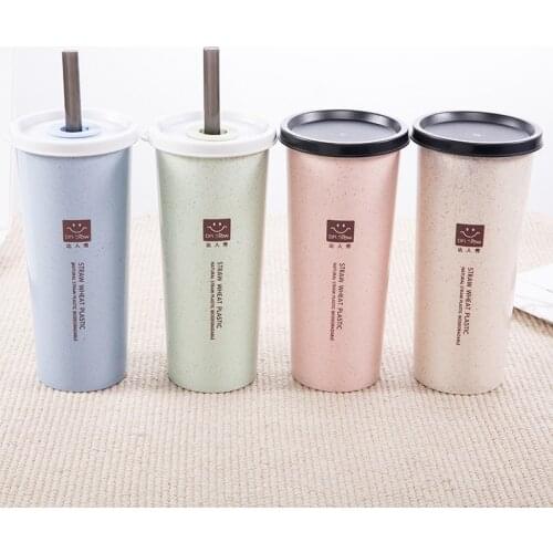 Student Portable 1PC Simple Wheat Straw Cup With Lid Cup Tote Travel Cup Plastic Drinking Water Cup Coffee Bottle For Kids Tube