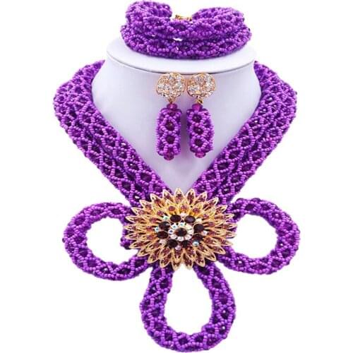 ACZUV Purple African Wedding Beads Nigerian Beaded Bridal Jewelry Sets for Women BZHX-006