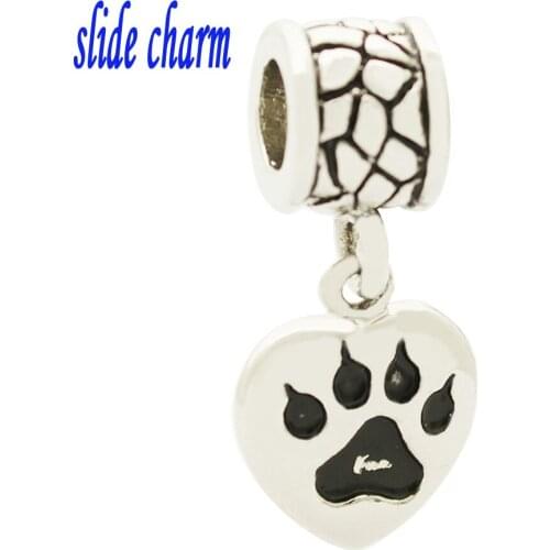 Slide charm Free shipping I love cats cat footprints Pendant DIY charm beads fit Pandora bracelet