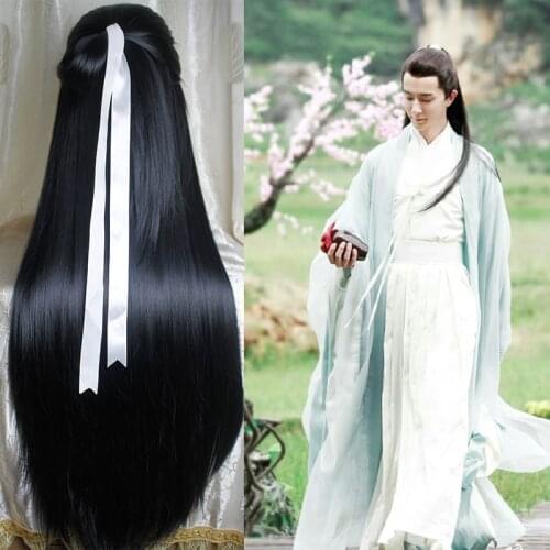 Black Straight Hanfu Immortal Hair Accessory with Ribbon Anime Cosplay Hair Antique TV Photography BaiZhen Costume Accessories