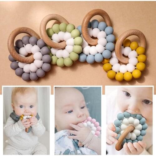 Baby Bracelet Teething Malpe Wooden Ring Baby Rattle Toys Food Grade Silicone Teether DIY Beads Nursing Bracelet For Kids Goods