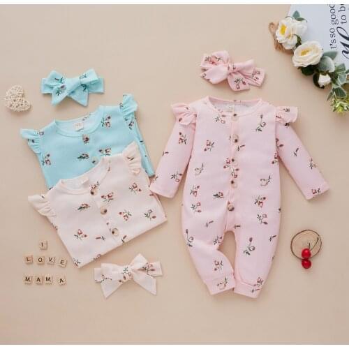 Newborn Baby Romper Spring Fall Baby Clothes Girl Floral Cotton Long Sleeve O-neck Infant Romper+Headband 0-18 Months