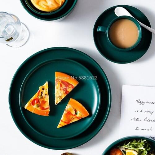 Ceramic Plate Nordic Western Food Plate Dish Plate Baking Plate Disc Round Dish Household Tableware Pure Color Dark Green