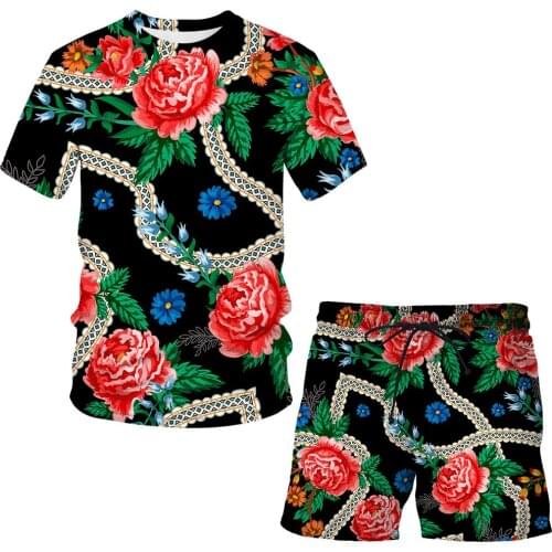 Flower 3D Printed 2 Pieces Sets Luxury Clothing Casual Suit casual short-sleeved + shorts round neck tshirt Men clothing Tops