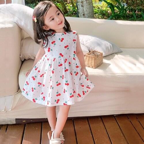Summer Girl Princess Cotton Cherry Dresses Children Girls A-line Kids Sleeveless Holiday Floral Party Wedding Sundress Clothing