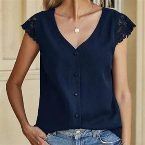 Fashion Loose Blouse Womens Fashion Lace Short Sleeve Casual Vintage V-neck Solid Color Top Clothes For Women Femininas