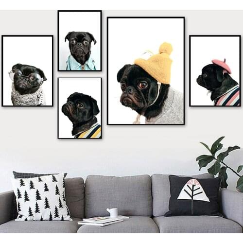 Fashion Black Pug Glasses Hat Posters and Prints Nordic Wall Art Animal Canvas Painting Decorative Pictures for Baby Kids Room