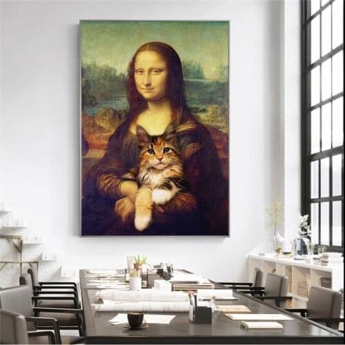 Mona Lisa Holding the Cat Funny Art Canvas Paintings On the Wall Art Posters And Prints Da Vinci Famous Art Pictures Cuadros
