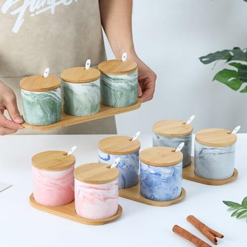 Marble Pattern Ceramic Kitchen Seasoning Tank Set Wooden Cover Salt Shaker Spice Jar With Spoon Kitchen Accessories
