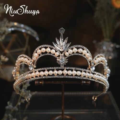 NiuShuya Vintage Baroque Pearl Hair Accessories Queen Princess Tiara Crowns Wedding Bridal Diadem Women Headpiece Accessories