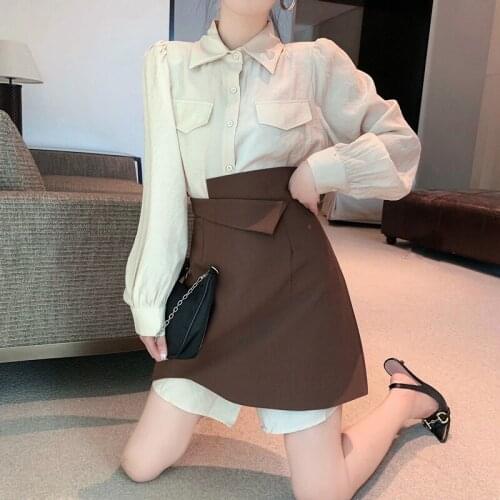 HziriP 2021 Autumn Pockets Women Turn-Down Collar Shirt Elastic Waist Solid Button Skirt Two-Piece Set Korean Fashion Elegant