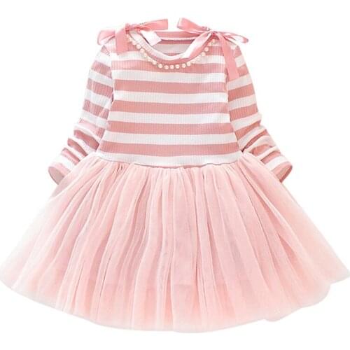 Autumn Kids Baby Girls Long Sleeve Dress New Fashion Cute Stitching Lace Stripe Party Princess Dress Kids Dress Children Clothes