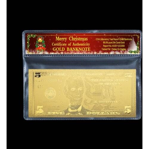 Gift commemorative coin 5 dollar old banknote 24k gold-plated Christmas plastic photo frame paper gift 2 / batch