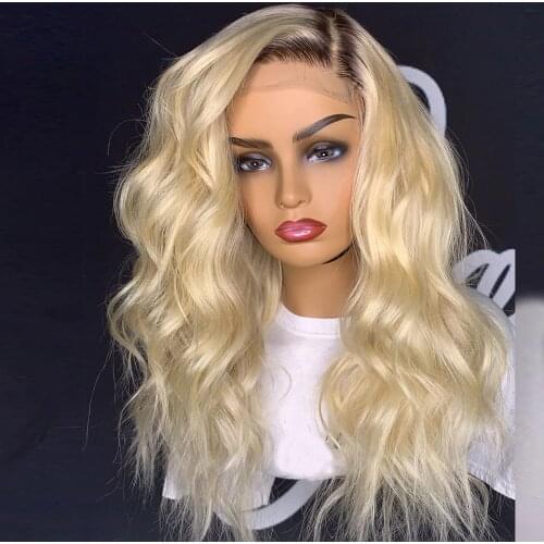 Ombre26 Inch Blonde Human Hair Lace Part Wig with Baby Hair Pre Plucked Long Body Wave T-Part Lace Wigs