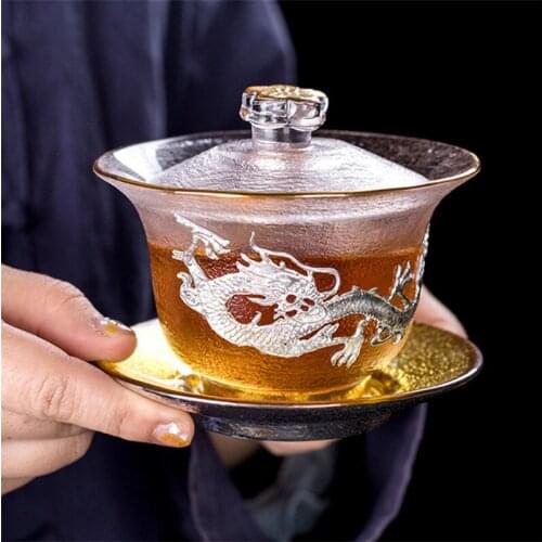 Japanese Style Transparent Glass Tea Bowl with Cover Creative Hammer Pattern Large Heat Resistant Teacup Home Kung Fu Drinkware