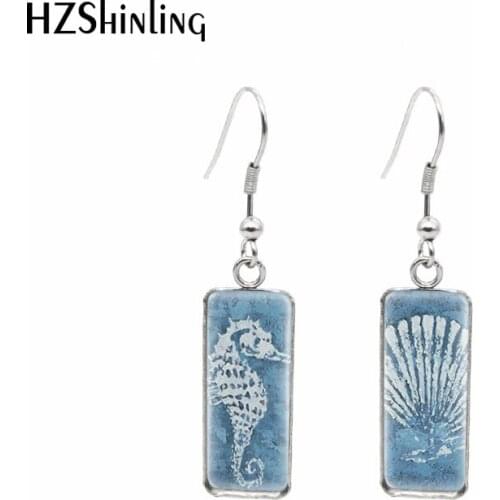 2021 New Seahorse Shell Rectangular Earring Oil Painting Fish Hook Earrings Glass Cabochon Handmade Jewelry