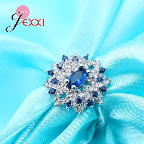 Luxury Rings With Blue White Cubic Zirconia Woman 925 Sterling Silver Wedding Party Finger Ring Bands Jewelry Size 6-10