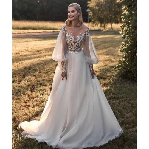 Long Sleeve A-Line Wedding Dress 2021 With Chapel Train Backless Women Bridal Gowns Lace Appliques Graceful White