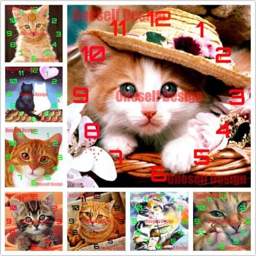Great 5d diamond painting clock animal cat diamond embroidery clock cute cat rhinestone pictures decoration home diamond art kit