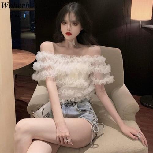 Woherb Sexy Off Shoulder Crop Top Women 2021 Summer Streetwear Lace Chiffon Ruffle Cake Blouse Korean Chic Elegant Blusas