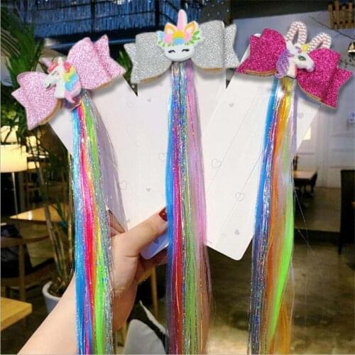 Cute Girls Gradient Colorful Unicorn Wigs Bow Hairpins Princess Hair Ornament Headband Hair Clips Barrettes Kids Hair Accessorie