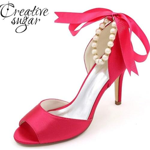 Creativesugar lady satin evening dress shoes pearls ankle strap ribbon tie seperate pumps open toe bridal wedding party heels