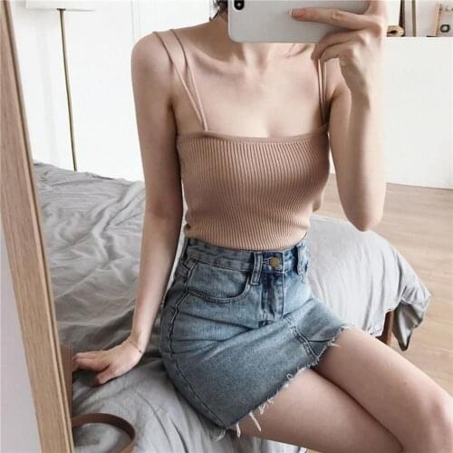 Women Sexy Tanks Top Vest Off Shoulder Halter Sexy Thin Double Straps Knitted Camisole Womens t-shirt with straps