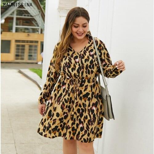 Women Fashion Plus Size 4XL Dress Leopard Printed V Neck Dress Sexy Club Party Dress Ladies Knee Length Casual Summer Dresses