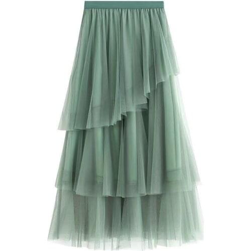 2021 Korean Fashion Women Tulle Tiered Skirts Irregular High Waist Mesh Midi Skirt Summer Solid Color Pleated Cake Skirts