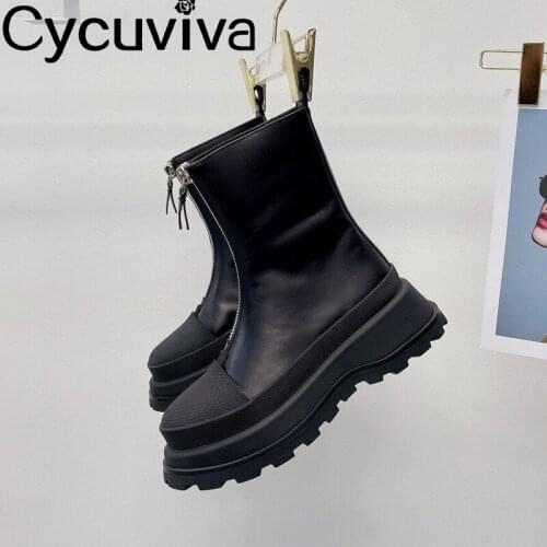 New Black White Zip Motorcycle Boots For Women Slip On Platform Shoes Female Non-slip Round Toe Bottnes Ladies Shoes Winter 2021