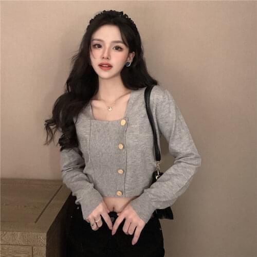 Woman Sweaters Cardigan Knitted Cardigan Womens Spring Autumn Square Collar Collarbone Short Top Sueters De Mujer