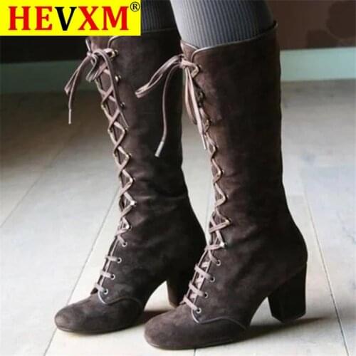 2020 Black boots women Shoes knee high Women Casual Vintage Retro Mid-Calf Boots Lace Up Thick Heels Shoes