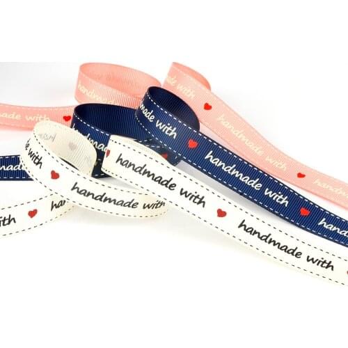 16mm "handmade with" Printed White Navy Pink Satin Grosgrain Ribbon For DIY Crafts Hand Made Gift Packaging Sewing Thread Cord
