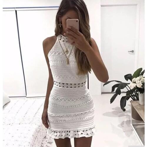Hollow Out White Dress Sexy Women Mini Chiffon Dress Plunge round-Neck Sleeveless Crochet Lace Dress Black